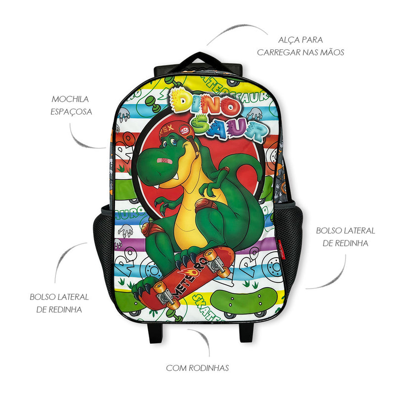 Kit Mochila Infantil Escolar com 3 peças Dinossauro Preta