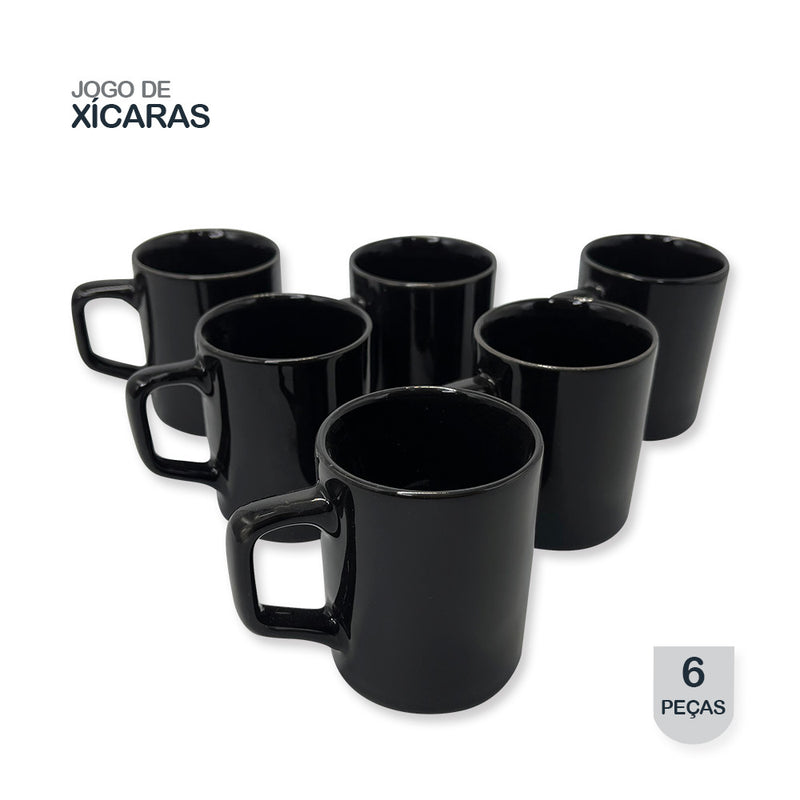 Conjunto 6 Xícaras Pequenas Café Cerâmica 80ml Preto
