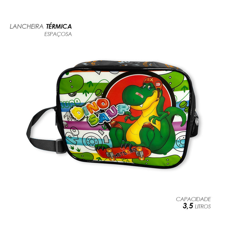 Kit Mochila Infantil Escolar com 3 peças Dinossauro Preta