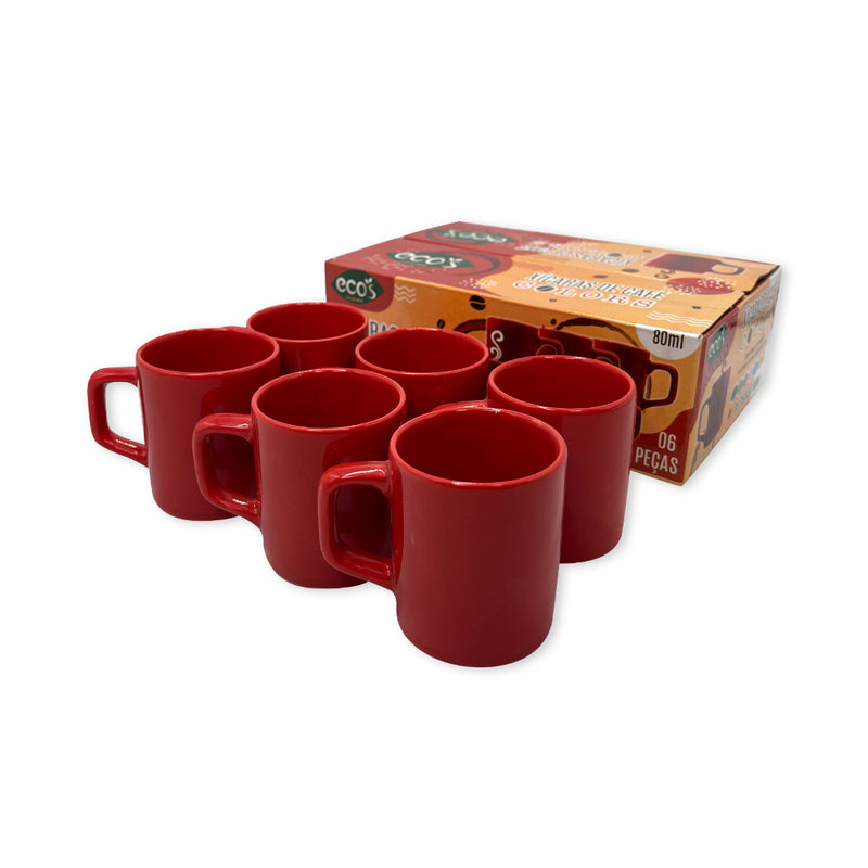 Conjunto 6 Xícaras Pequenas Café Cerâmica 80ml Vermelho