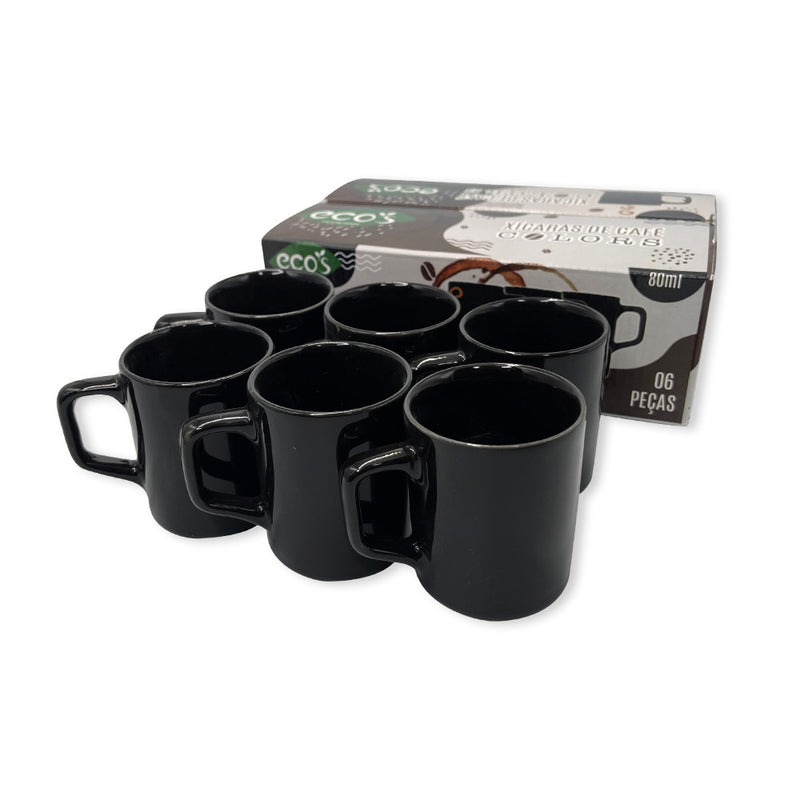Conjunto 6 Xícaras Pequenas Café Cerâmica 80ml Preto