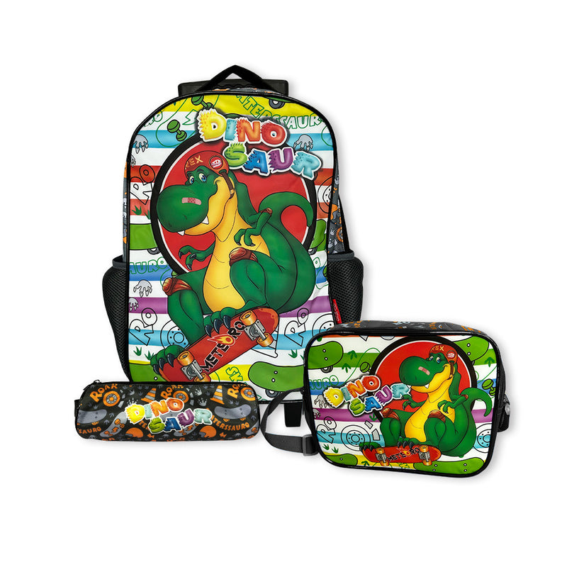 Kit Mochila Infantil Escolar com 3 peças Dinossauro Preta